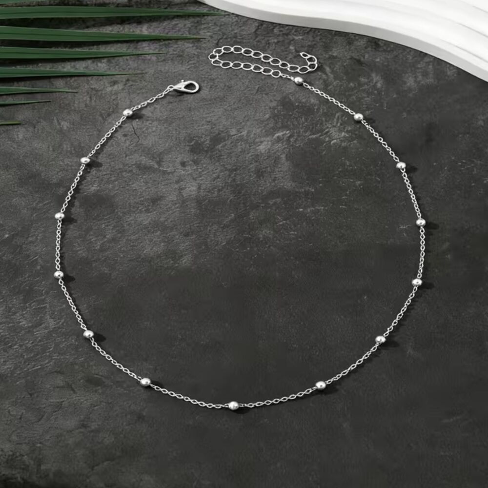 Simple Silver Round Beaded Station Chain Necklace Adjustable Choker Layer Dainty